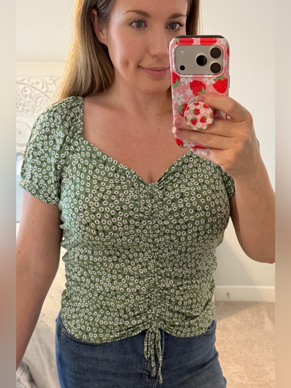 H&M Olive Green Floral Ruched Tie-Front Top